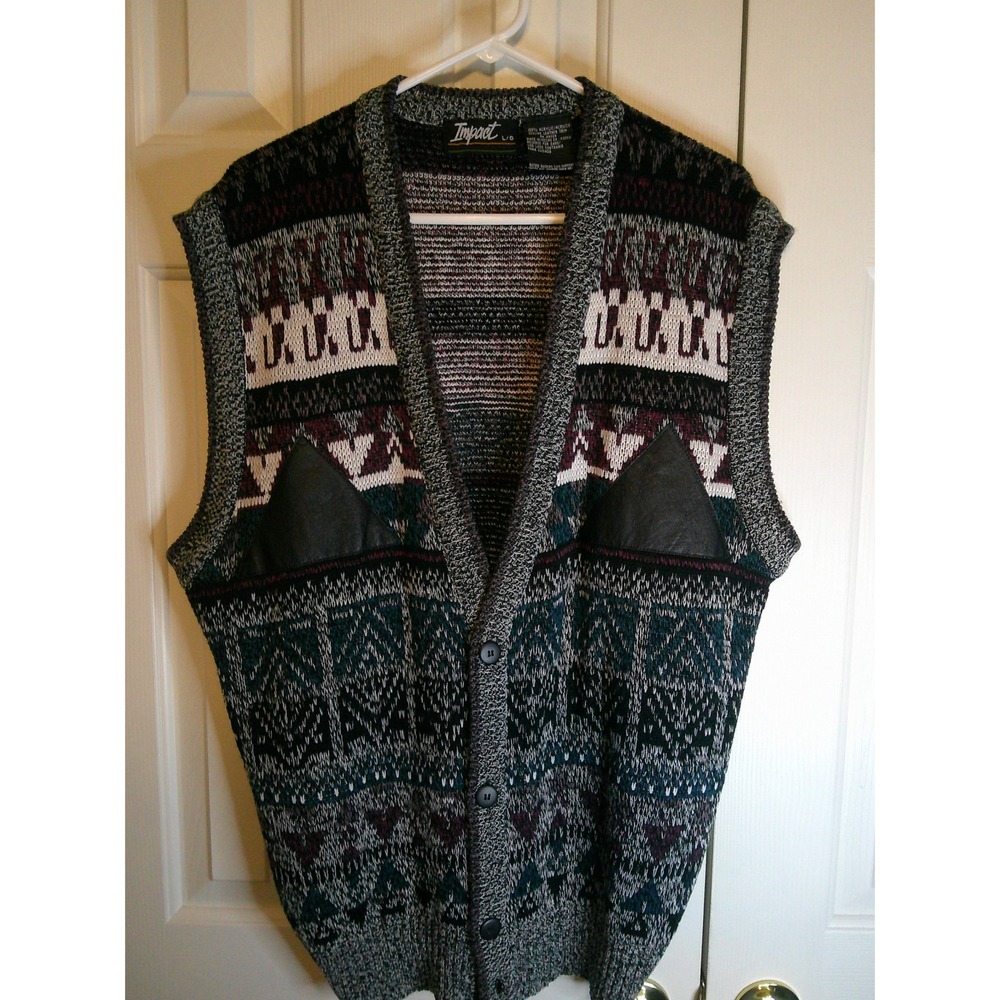 Vintage Impact Sweater‎ Vest Sleeveless Knitwear Aztec Pattern Leather Trim L/G